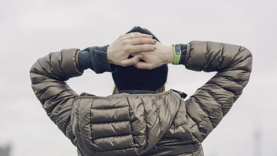 Active person in winter conditions showing moisture and perspiration during outdoor cold weather activity