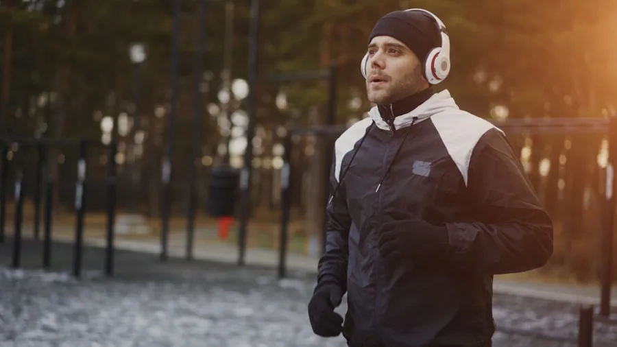 Active person wearing open-ear headphones during outdoor workout, demonstrating secure fit and comfort during physical activity