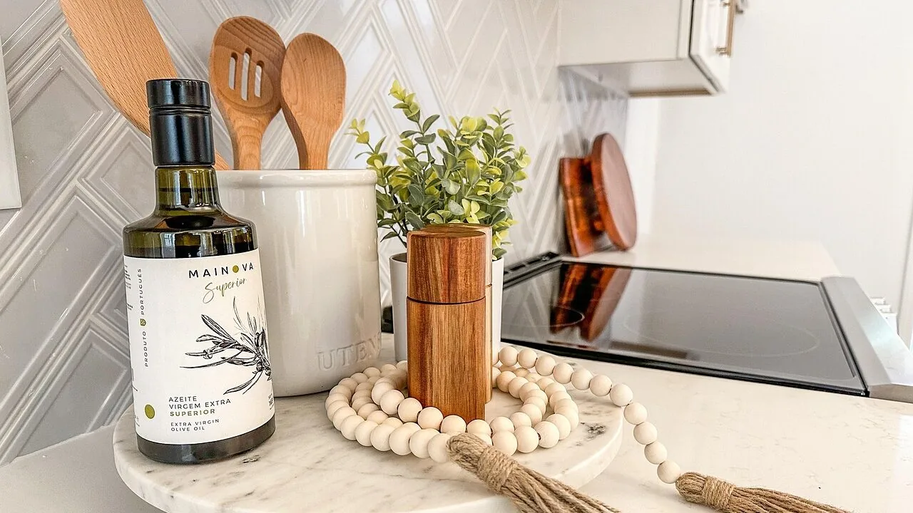 Air fryer displaying food basket on modern kitchen countertop