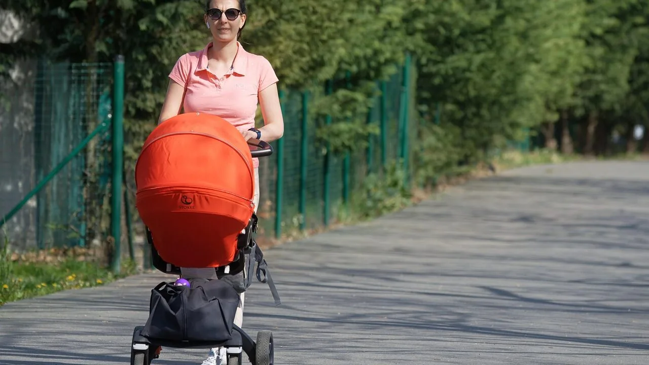 Baby stroller parked outdoors in natural daylight setting
