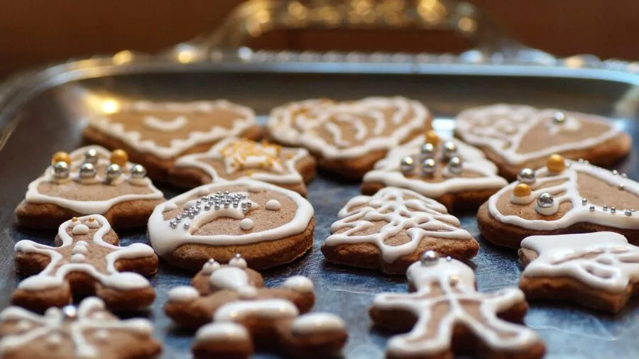 Baker decorating freshly baked cookies on a kitchen counter with natural lighting