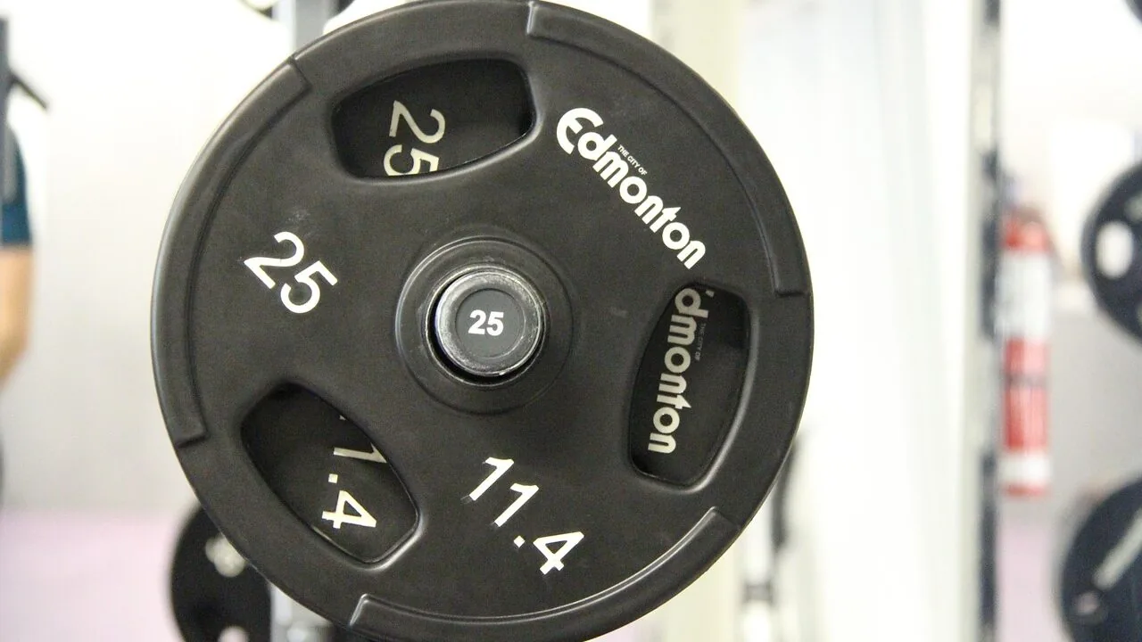 Barbells with weight plates on gym floor in fitness setting