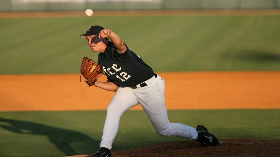Baseball player in batting stance during outdoor practice session with natural lighting