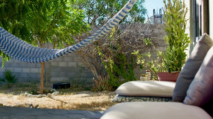 Bright sunlight streaming across a residential backyard patio area during daytime