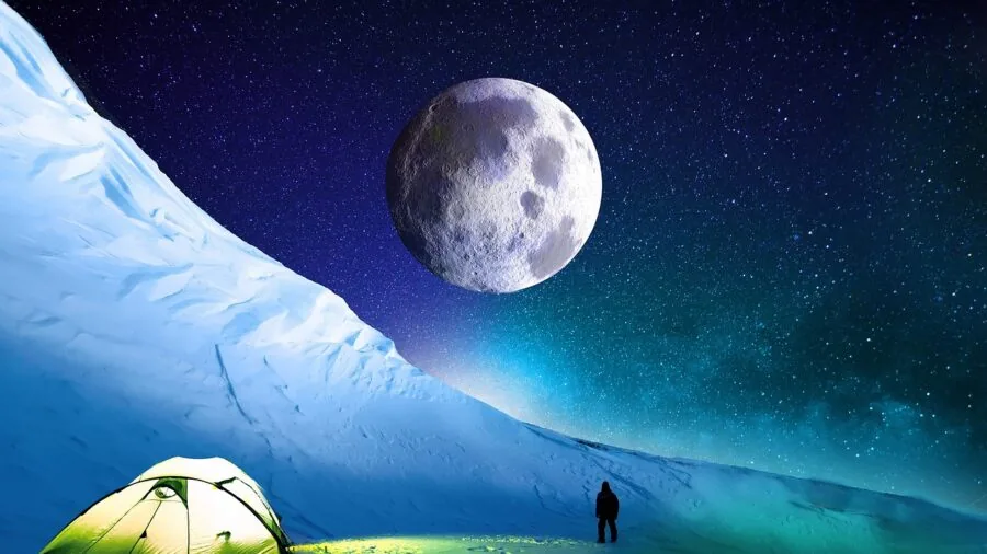 Camper using bright flashlight in dark forest at night during outdoor adventure