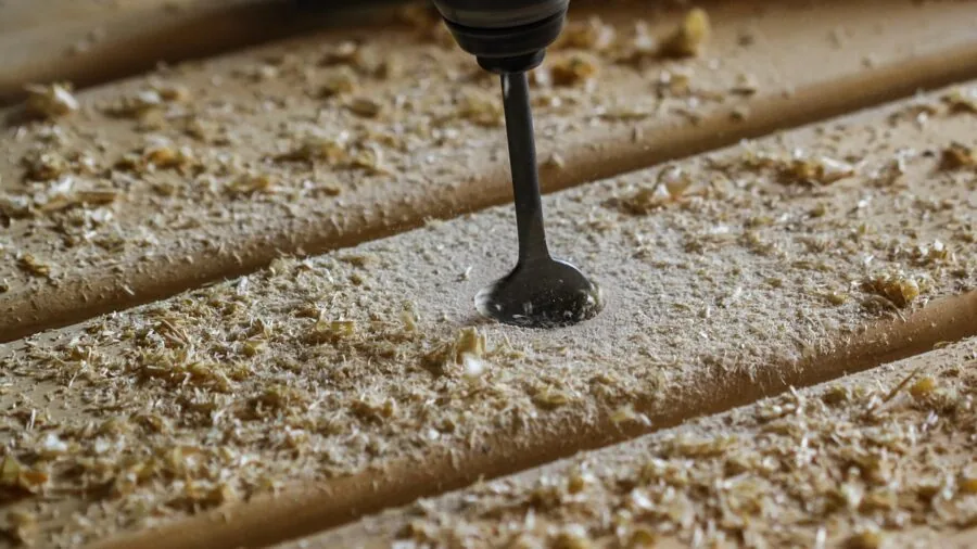 Carpenter clearing sawdust from woodworking project with hand tools