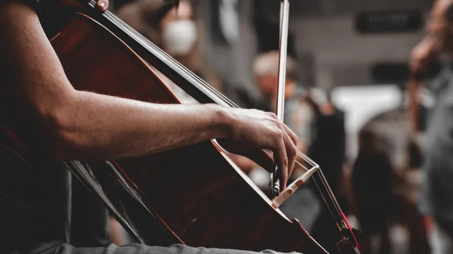 Cellist focusing intently while practicing finger positions on cello fingerboard during music lesson