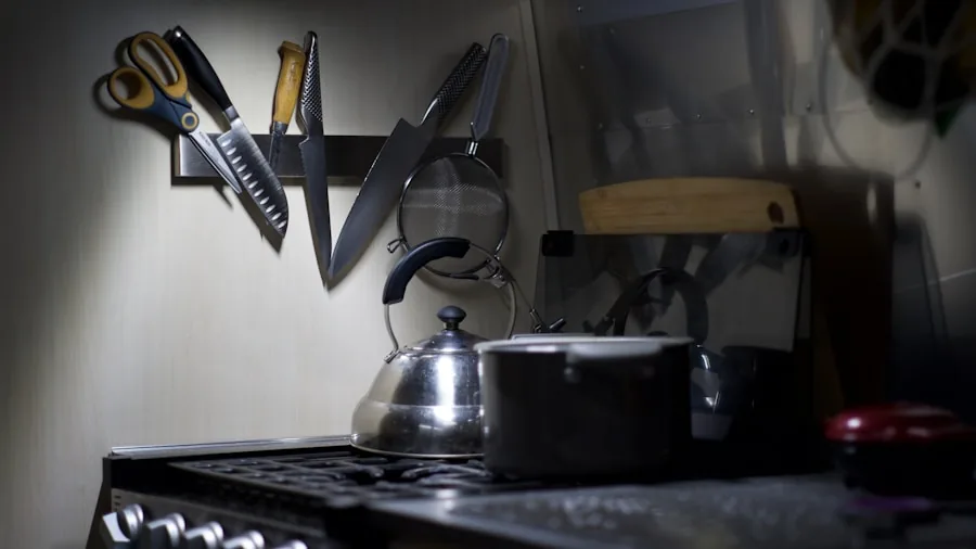 Chef knives arranged on a kitchen counter during meal preparation