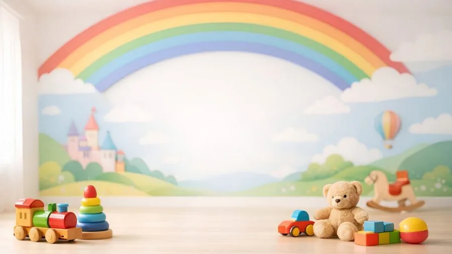 Child's playroom with organized wooden toy storage units and neatly arranged toys on shelves