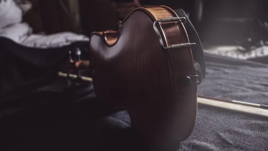 Close-up detail of wooden violin construction showing grain and tonal quality of spruce wood