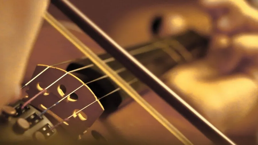 Close-up of a musician's hands holding a violin bow while playing, showing bow technique and positioning