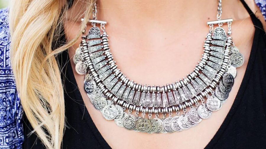 Close-up of a woman wearing a delicate silver pendant necklace against her skin