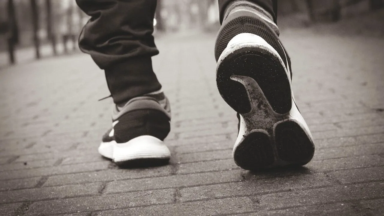Close-up of athletic running shoes on outdoor pavement surface