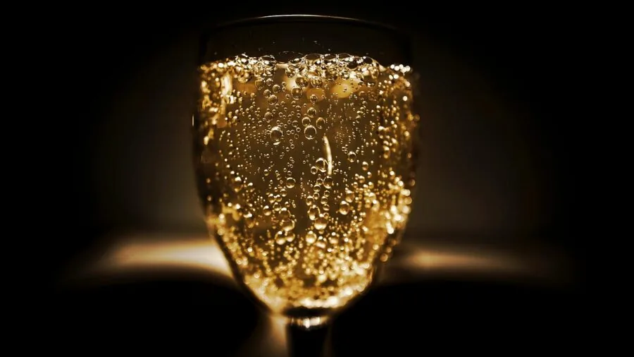 Close-up of champagne flute with rising bubbles and sparkling wine against soft background