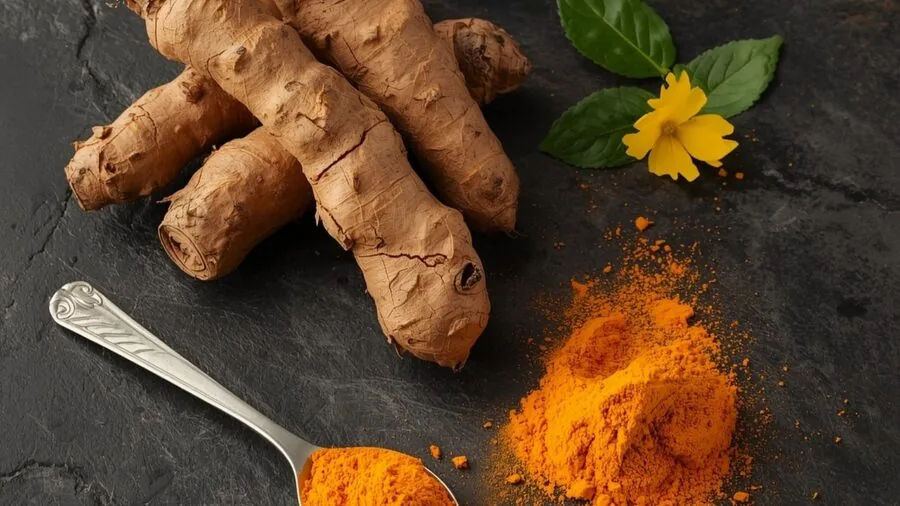 Close-up of golden turmeric root powder in natural light with fresh turmeric roots nearby