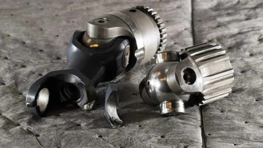 Close-up of hands inspecting a wheel brake system on industrial equipment
