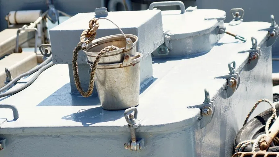 Close-up of hands opening a fishing bucket lid during outdoor fishing trip