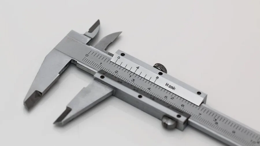 Close-up of hands using a precision measuring tool on a workbench during a DIY project