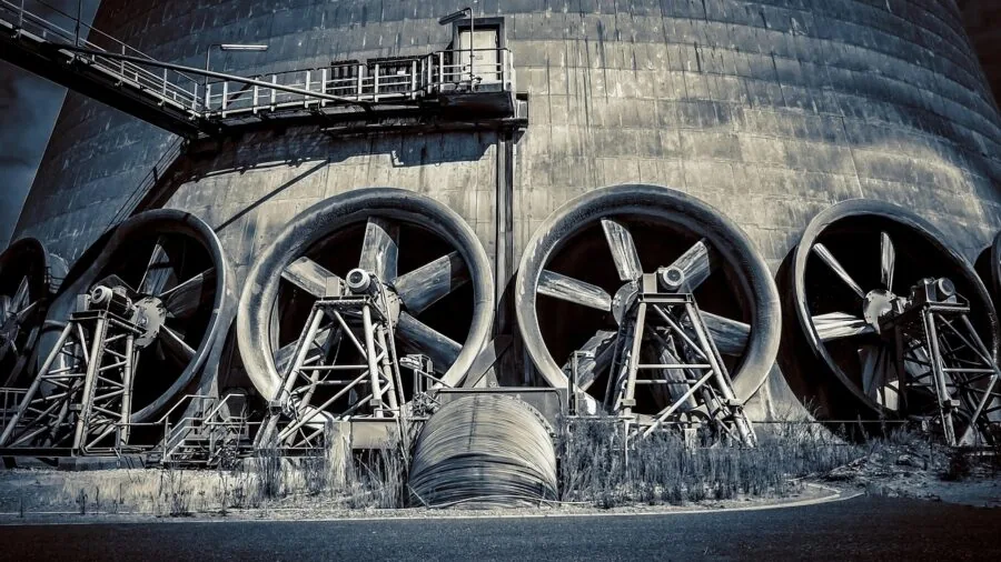 Close-up of industrial metal hardware and rigging equipment showing hooks and attachment points