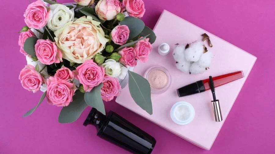 Close-up of natural skincare ingredients and botanical elements arranged on a clean surface