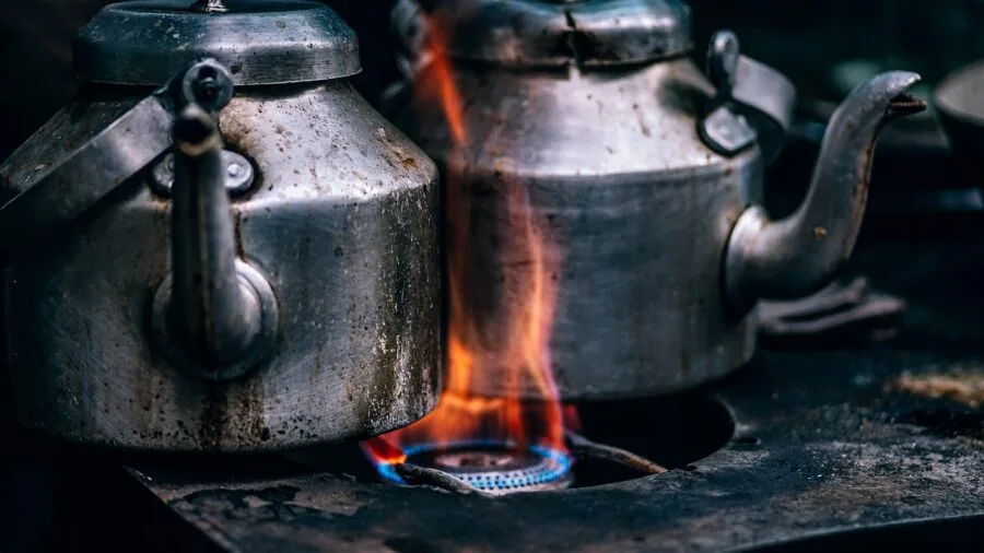 Close-up of simmering food in a pan showing even heat distribution across the cooking surface