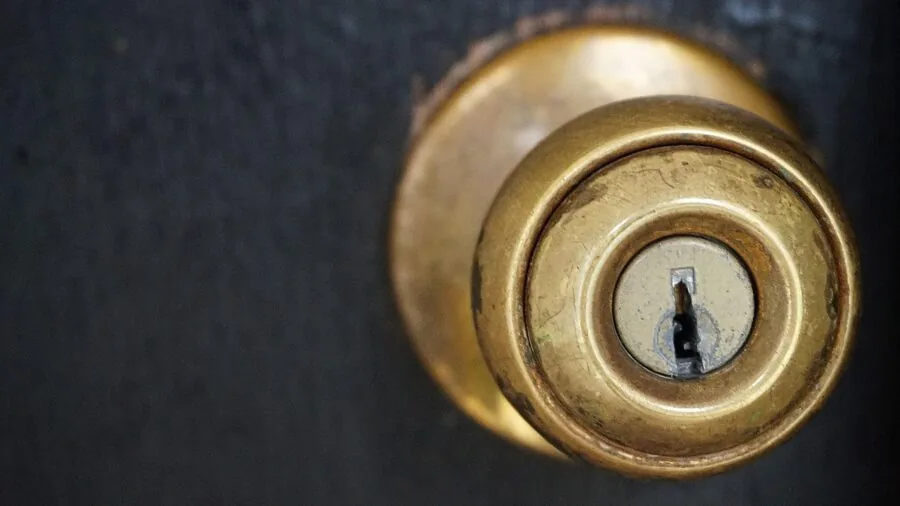 Close-up of traditional round knob on wooden cottage kitchen cabinet door