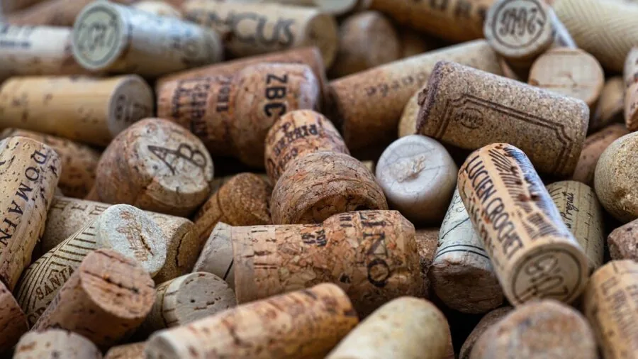 Close-up of wine cork being extracted with corkscrew showing spiral metal shaft detail