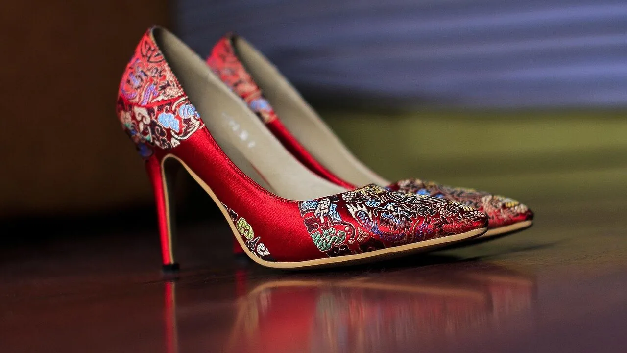 Collection of elegant women's heels in various colors and styles displayed on white background