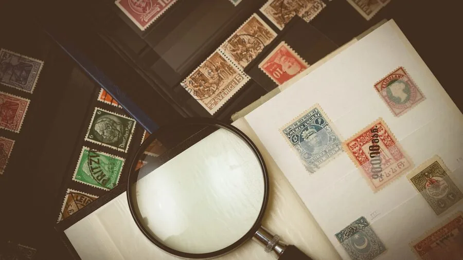 Collector inspecting vintage stamps with magnifying glass at wooden desk