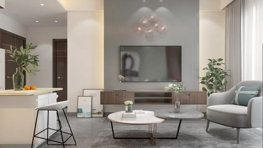 Compact living room with minimal furniture and open floor space in a small apartment