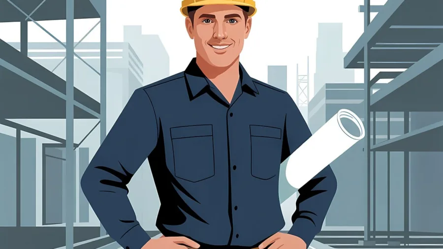 Construction worker holding tools on active job site with concrete and equipment visible