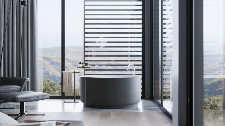 Contemporary bathroom with styled bath mat and home decor elements