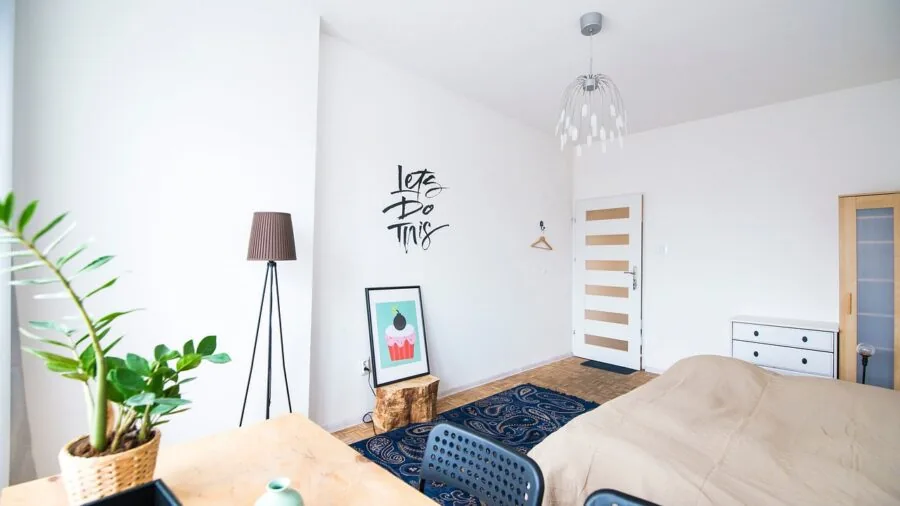 Contemporary bedroom with wooden bed frame and natural bedding in minimalist interior design