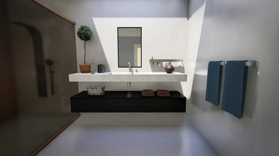 Cozy bathroom interior with soft bath mat placed in front of modern shower enclosure