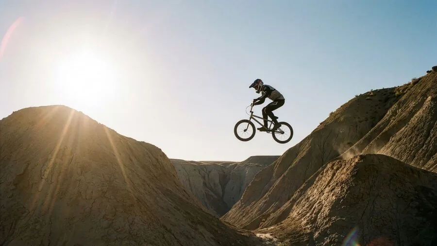 Cyclist riding down a mountain road with cool misty air and scenic landscape background