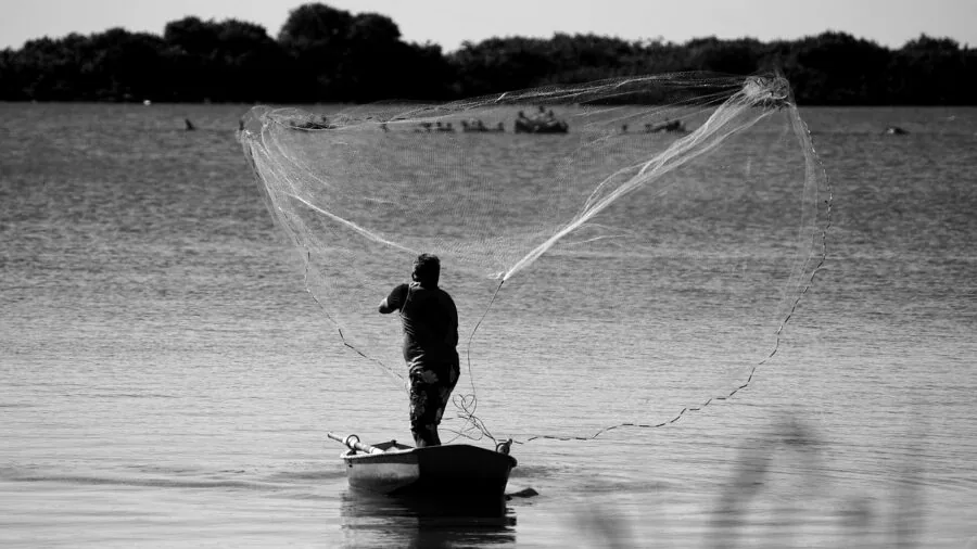 Experienced fisherman examining and testing fishing net durability and strength in natural water setting
