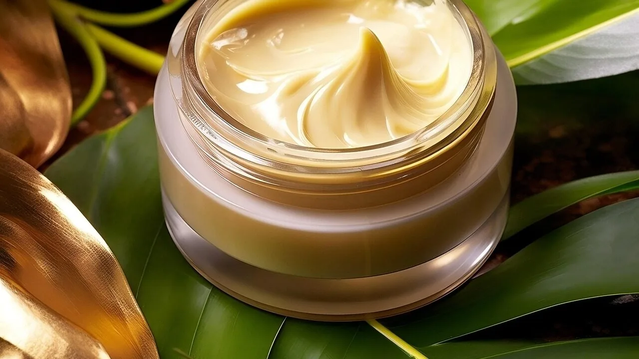 Facial moisturizer cream in glass jar on bathroom counter with natural light