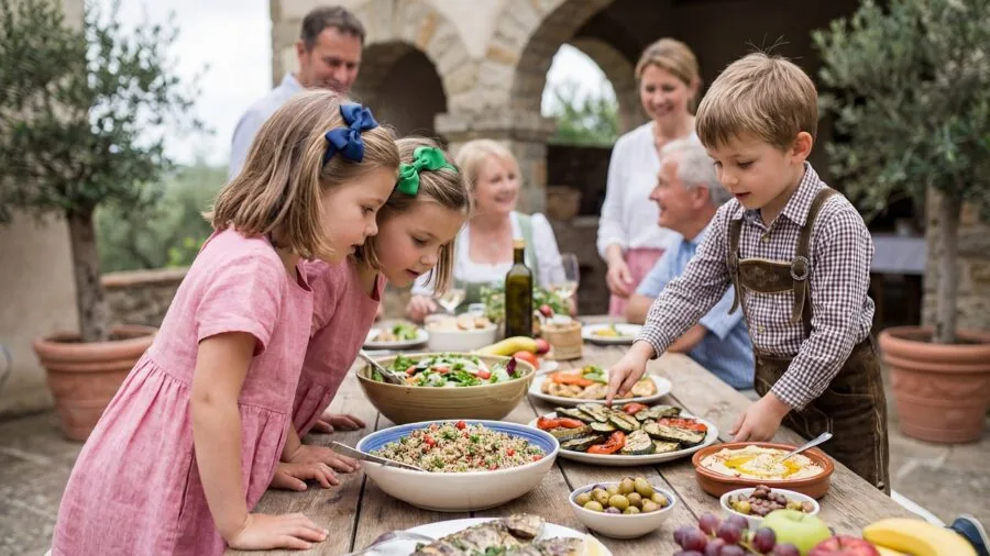 Family and friends enjoying food together at an outdoor gathering on a sunny day