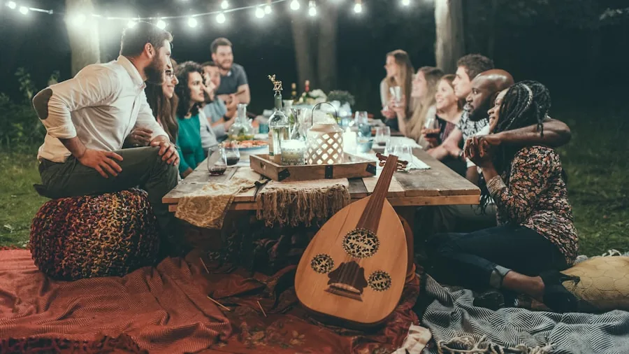 Family enjoying outdoor entertainment on patio at dusk with ambient lighting and comfortable seating