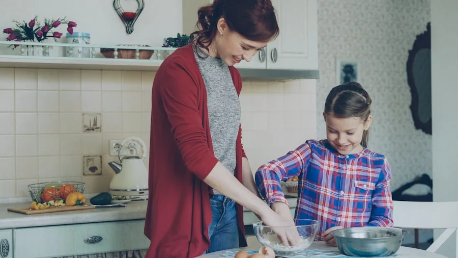 Family gathered in kitchen watching pot on stove during meal preparation