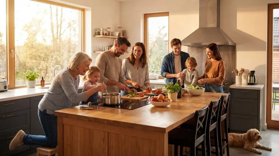 Family gathered in modern kitchen preparing fresh meal together at dining table