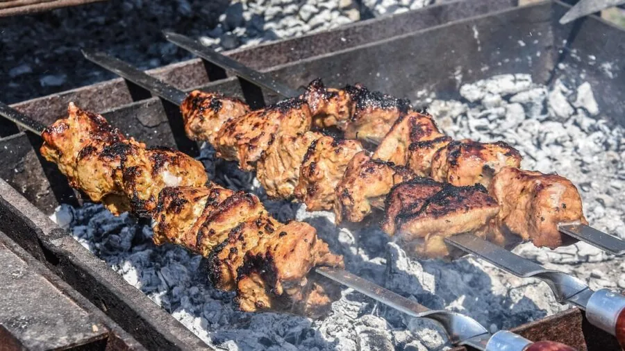 Family gathering around outdoor smoker grill in backyard during daytime cooking
