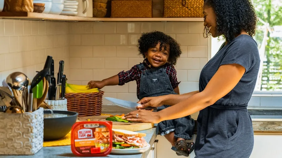 Family members preparing food together in a modern kitchen with multiple cooking stations