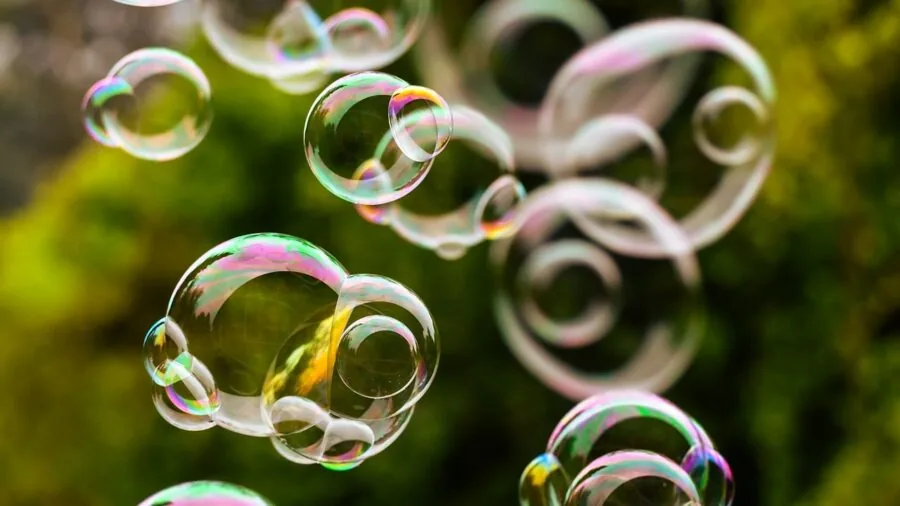 Family playing with bubbles at outdoor park gathering during daytime