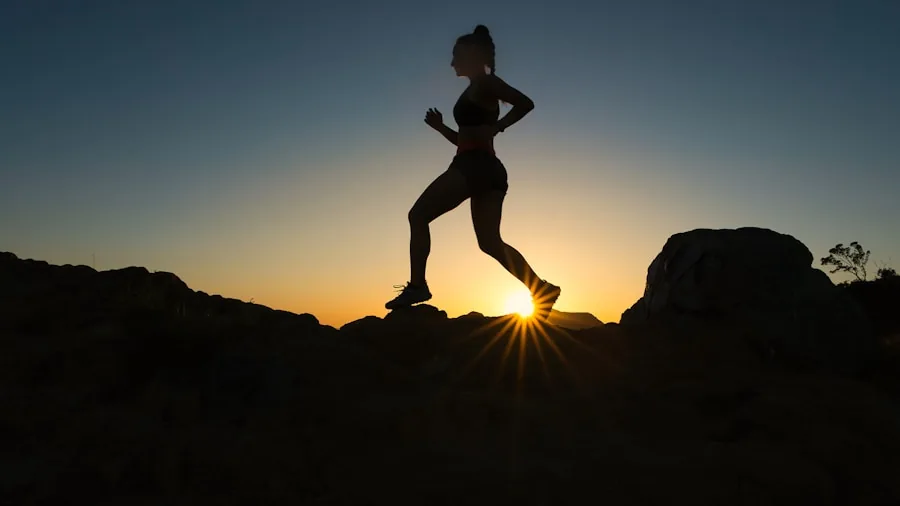 Female runner in motion showing proper foot strike and running form on outdoor path