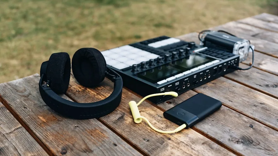 Friends enjoying music together outdoors in casual setting with portable speaker