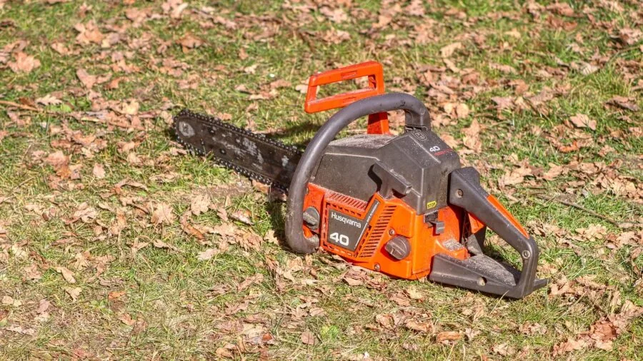 Gardener examining and sharpening pruning shears blade in natural garden setting
