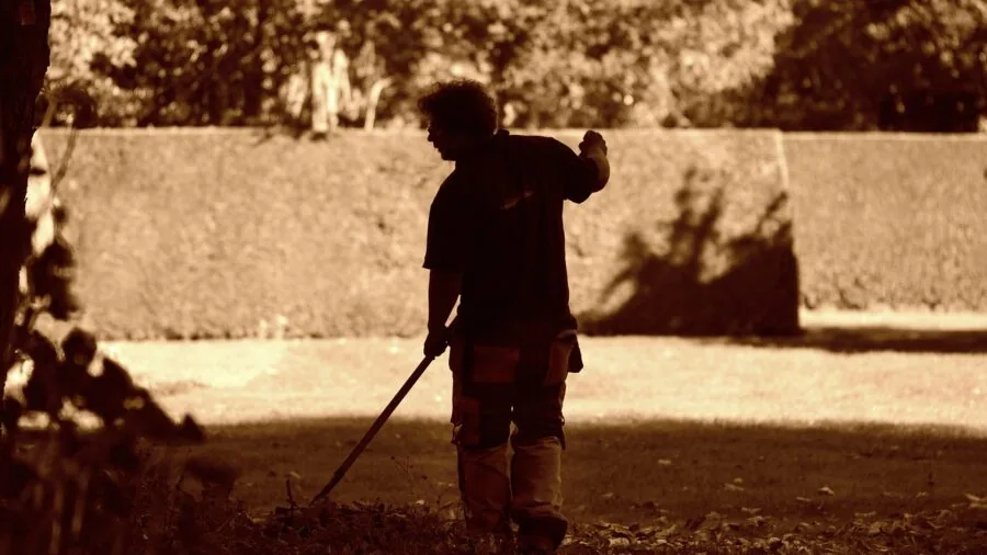Gardener using rake to loosen and prepare garden soil in outdoor bed