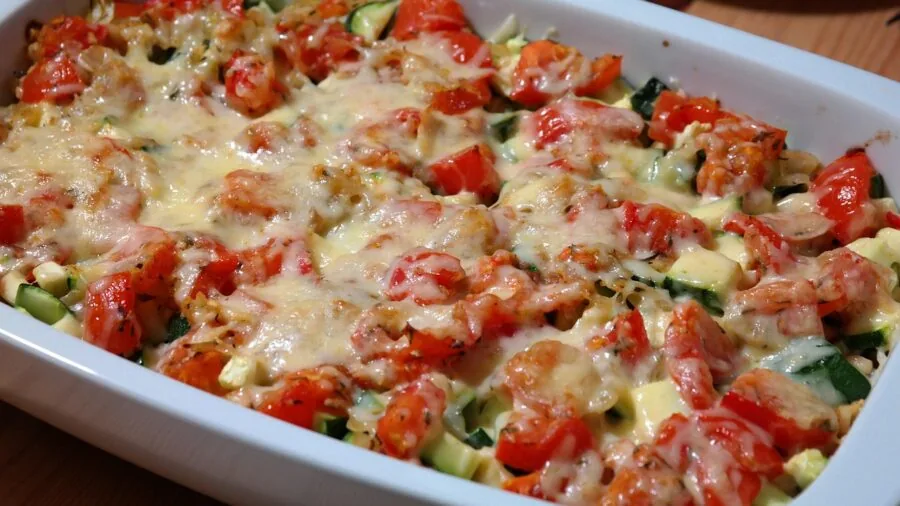 Glass casserole dish with layered food visible through transparent sides during home cooking