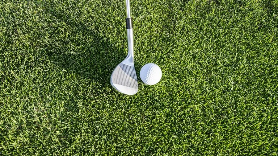 Golfer executing a short chip shot near the green during a round of golf